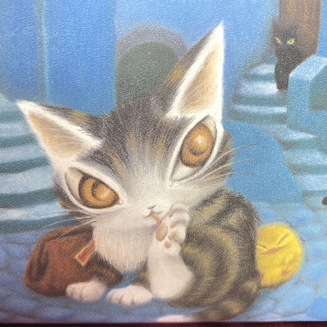 猫のダヤンの本牛革ラウンドファスナー長財布青い街柄の絵柄のクローズアップ画像